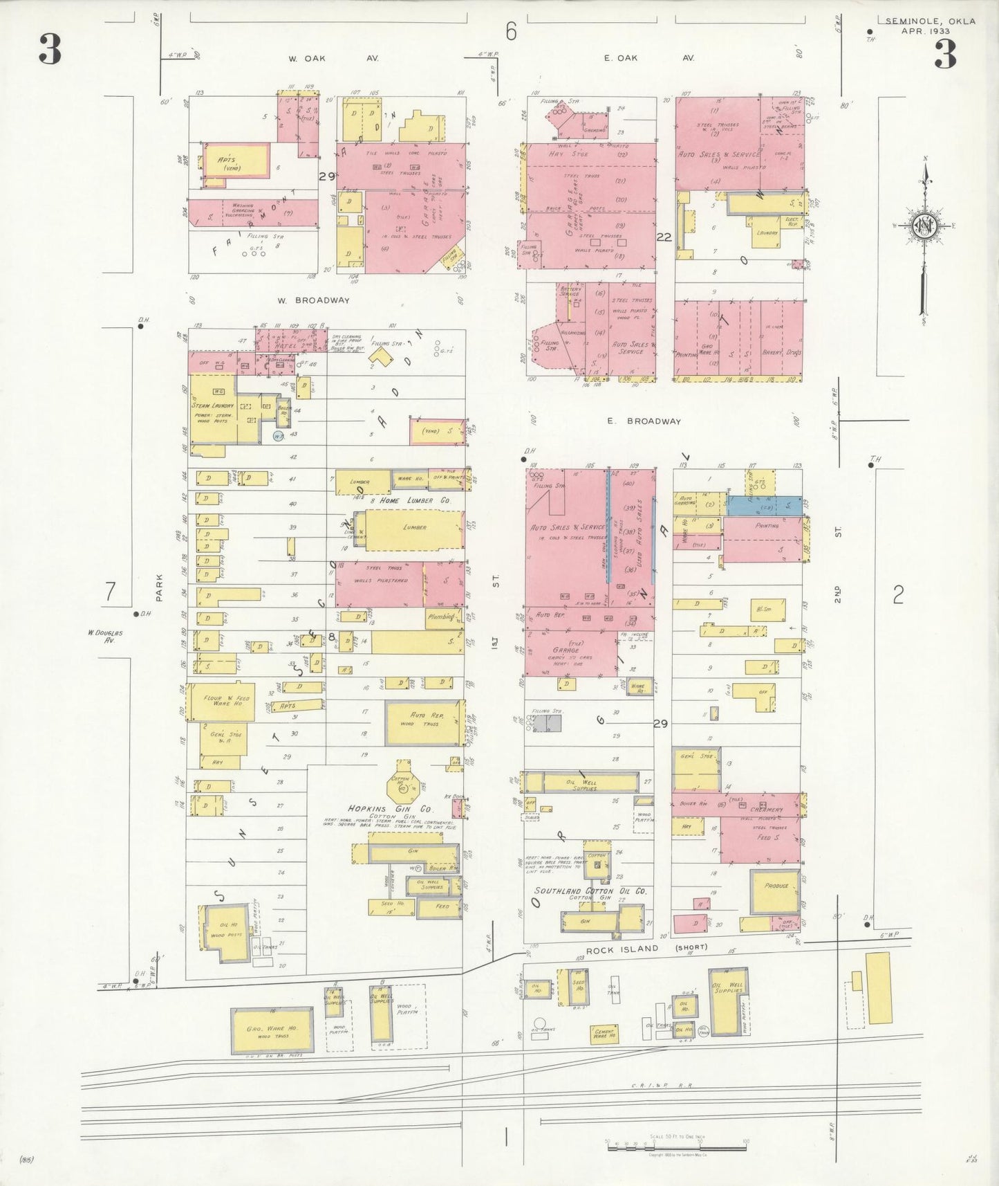 Sanborn Fire Insurance Map from Seminole, Seminole County, Oklahoma (1933), Sheet #0003 - Complete Map Set gallery image, historic Sanborn map, vintage wall art, Oklahoma Oklahoma