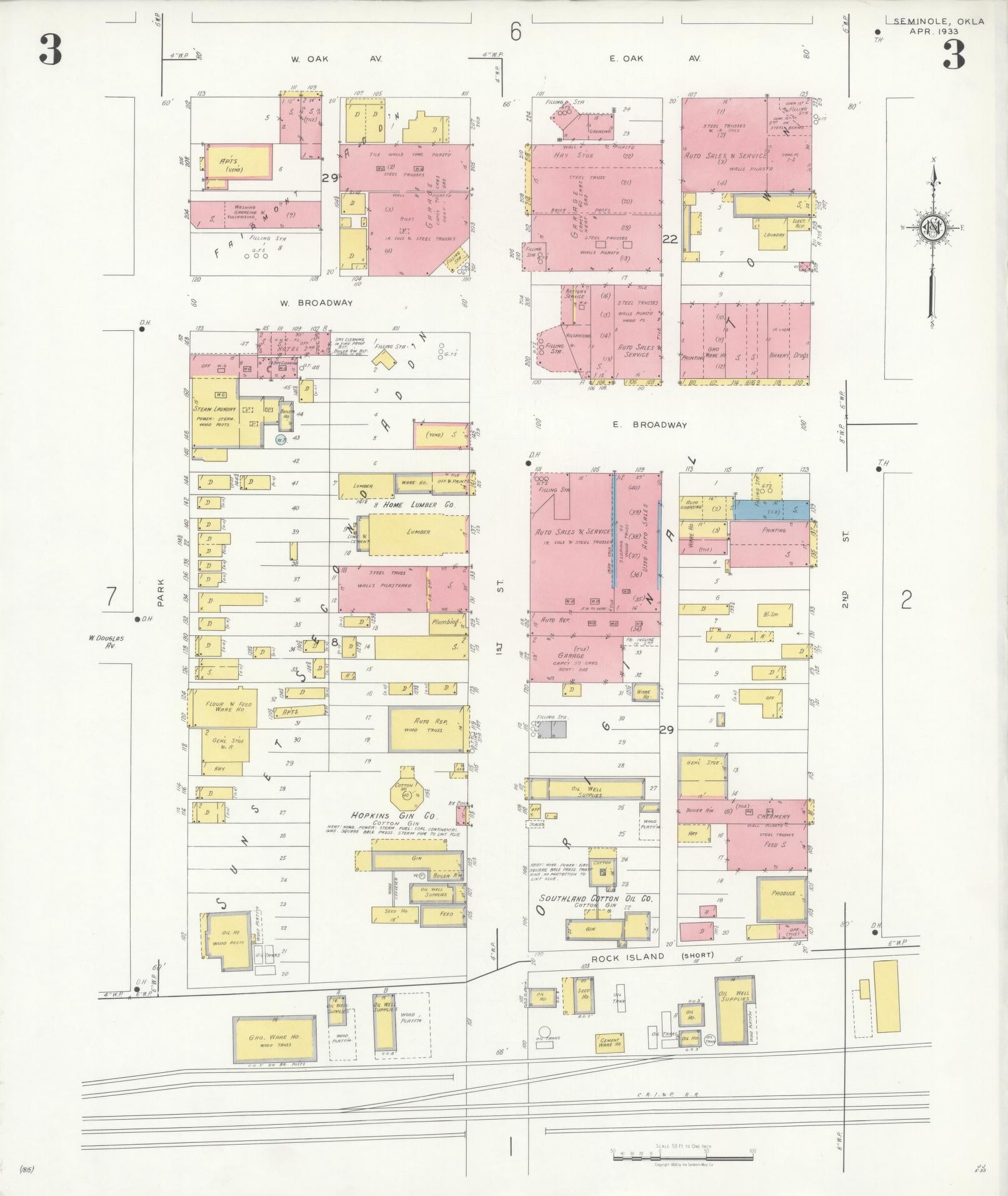 Sanborn Fire Insurance Map from Seminole, Seminole County, Oklahoma (1933), Sheet #0003 - Complete Map Set gallery image, historic Sanborn map, vintage wall art, Oklahoma Oklahoma