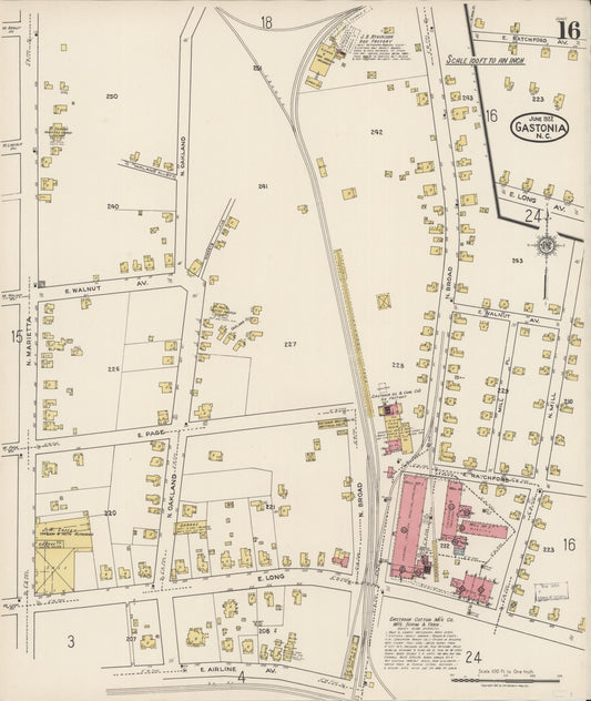 Sanborn Fire Insurance Map from Gastonia, Gaston County, North Carolina (1922), Sheet #0016 - Historic Sanborn Fire Insurance Map Print, vintage old map wall art, antique decor, genealogy gift, North Carolina North Carolina map