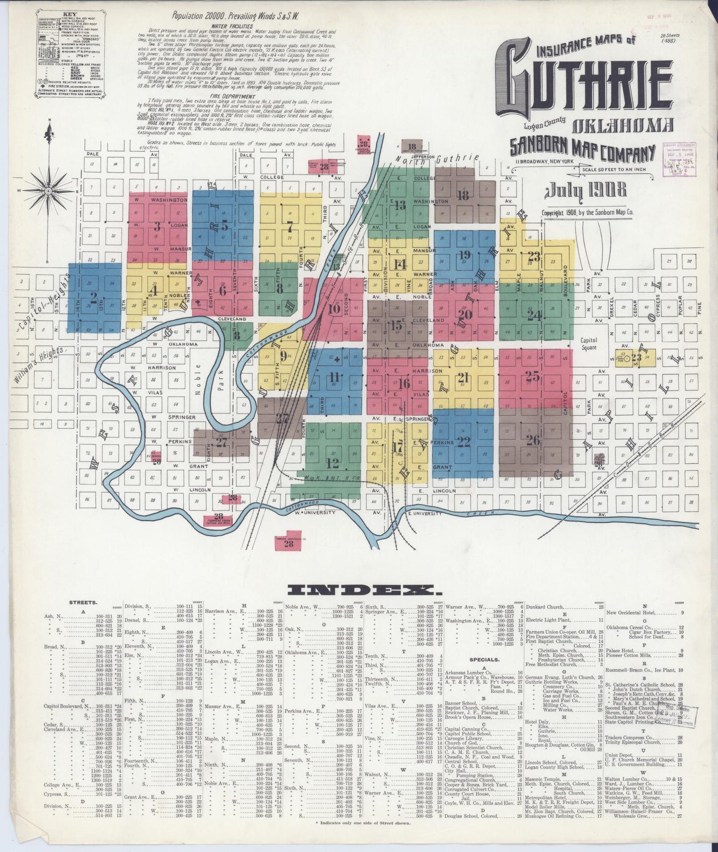Sanborn Fire Insurance Map from Guthrie, Logan County, Oklahoma (1908), Sheet #0001 - Historic Sanborn Fire Insurance Map Print, vintage old map wall art, antique decor, genealogy gift, Oklahoma Oklahoma map