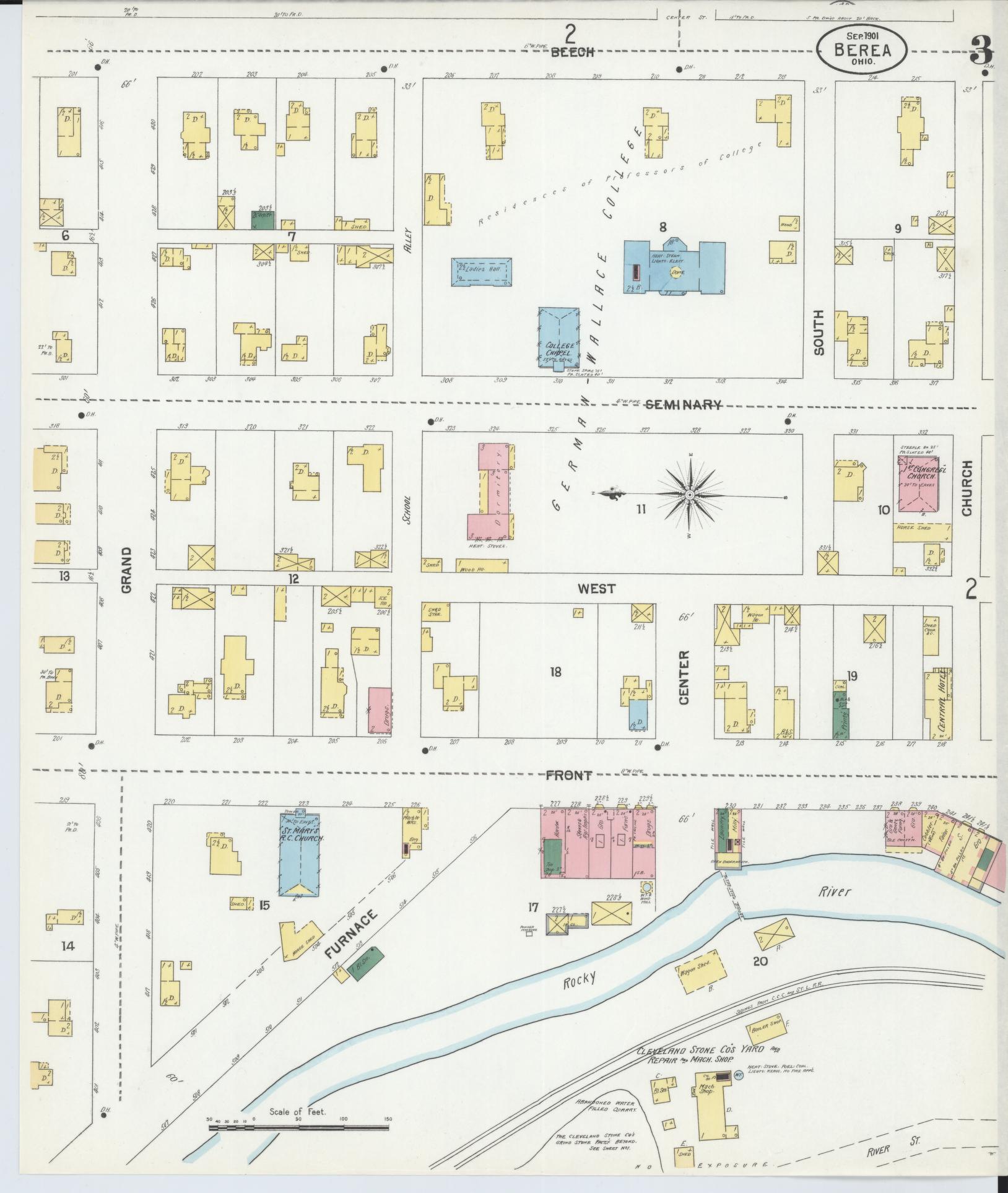 Sanborn Fire Insurance Map from Berea, Cuyahoga County, Ohio (1901), Sheet #0003 - Historic Sanborn Fire Insurance Map Print, vintage old map wall art, antique decor, genealogy gift, Ohio Ohio map