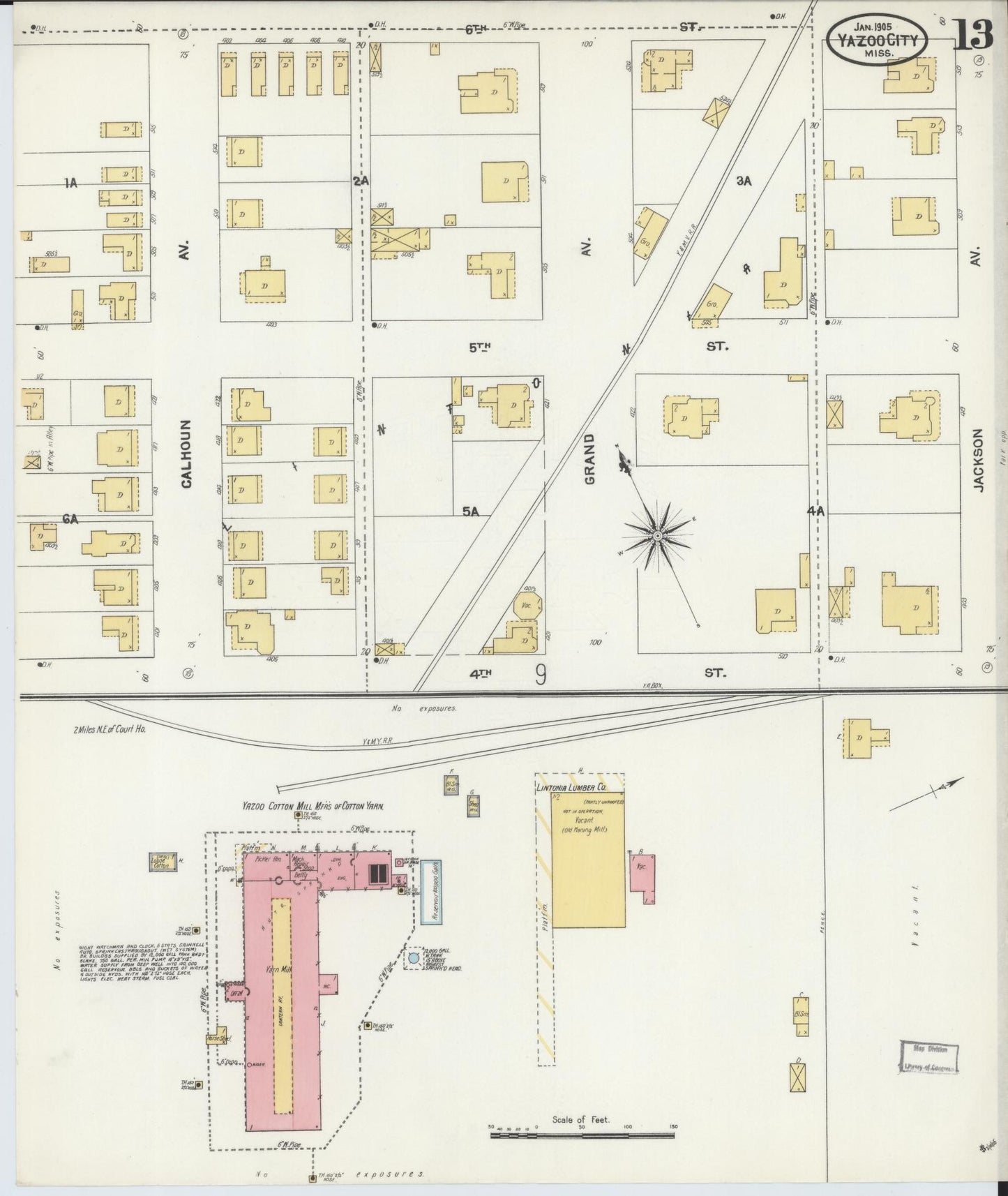 Sanborn Fire Insurance Map from Yazoo City, Yazoo County, Mississippi (1905), Sheet #0013 - Historic Sanborn Fire Insurance Map Print, vintage old map wall art, antique decor, genealogy gift, Mississippi Mississippi map