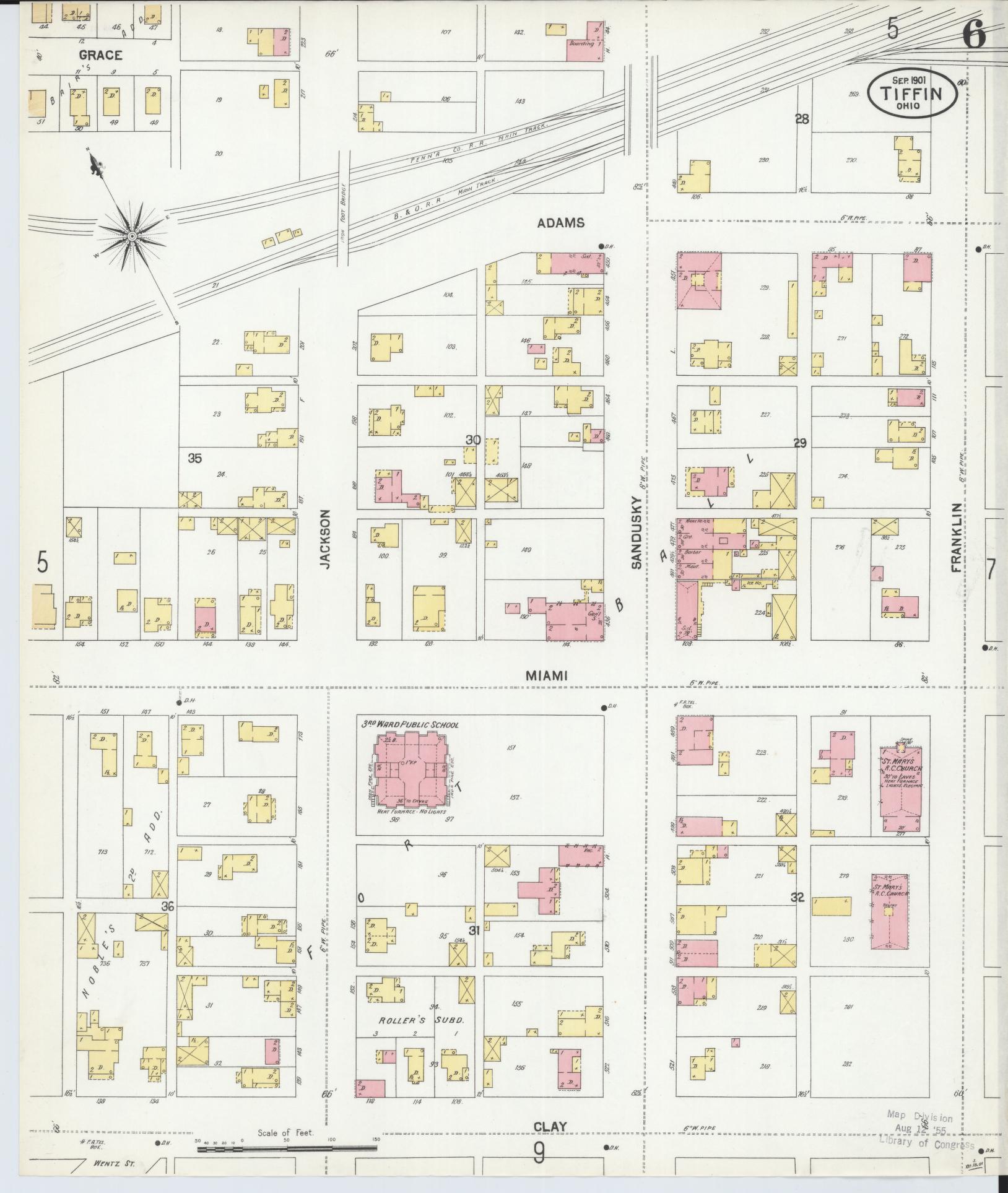 Sanborn Fire Insurance Map from Tiffin, Seneca County, Ohio (1901), Sheet #0006 - Historic Sanborn Fire Insurance Map Print, vintage old map wall art, antique decor, genealogy gift, Ohio Ohio map