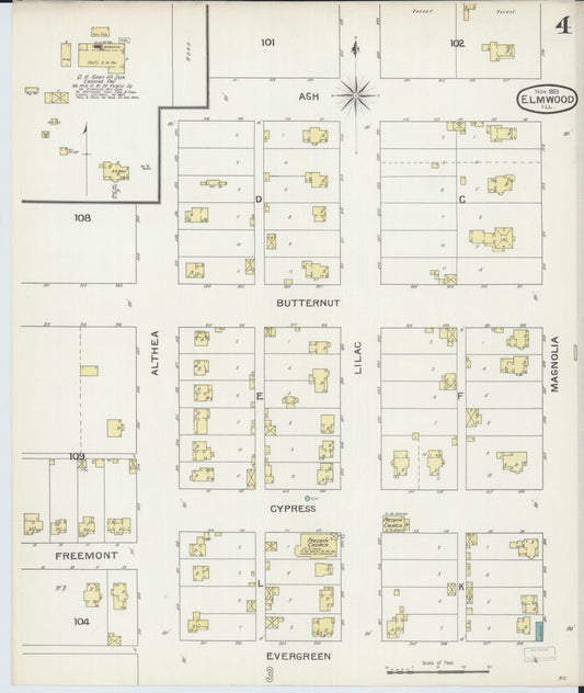 Sanborn Fire Insurance Map from Elmwood, Peoria County, Illinois (1893), Sheet #0004 - Historic Sanborn Fire Insurance Map Print, vintage old map wall art, antique decor, genealogy gift, Illinois Illinois map