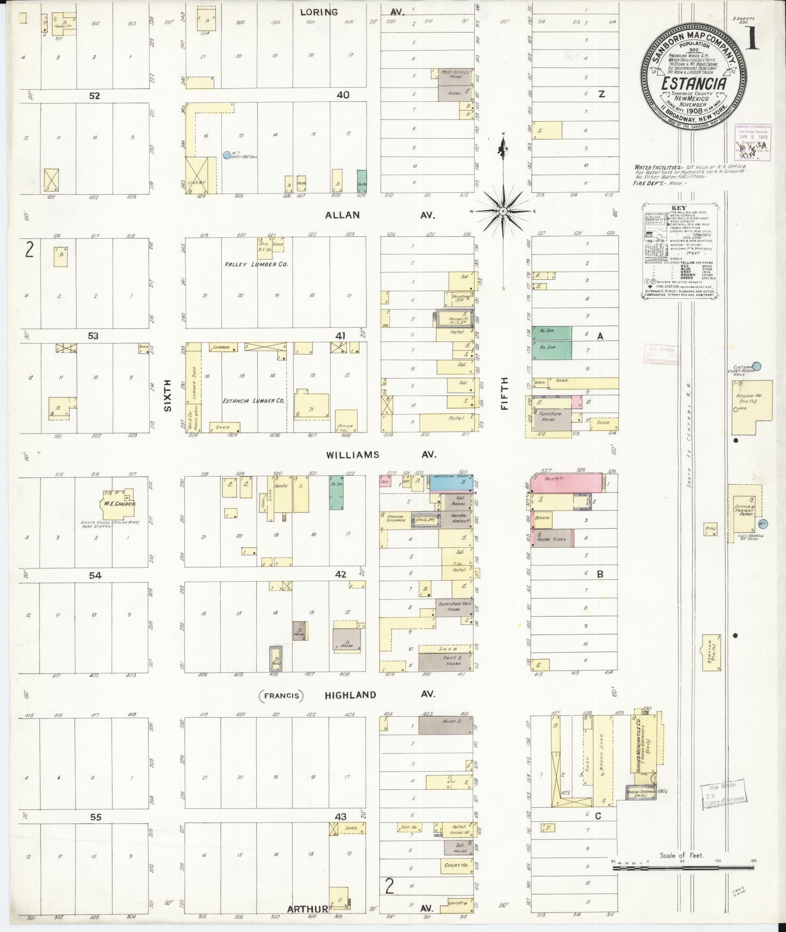 Sanborn Fire Insurance Map from Estancia, Torrance County, New Mexico (1908), Sheet #0001 - Historic Sanborn Fire Insurance Map Print, vintage old map wall art, antique decor, genealogy gift, New Mexico New Mexico map