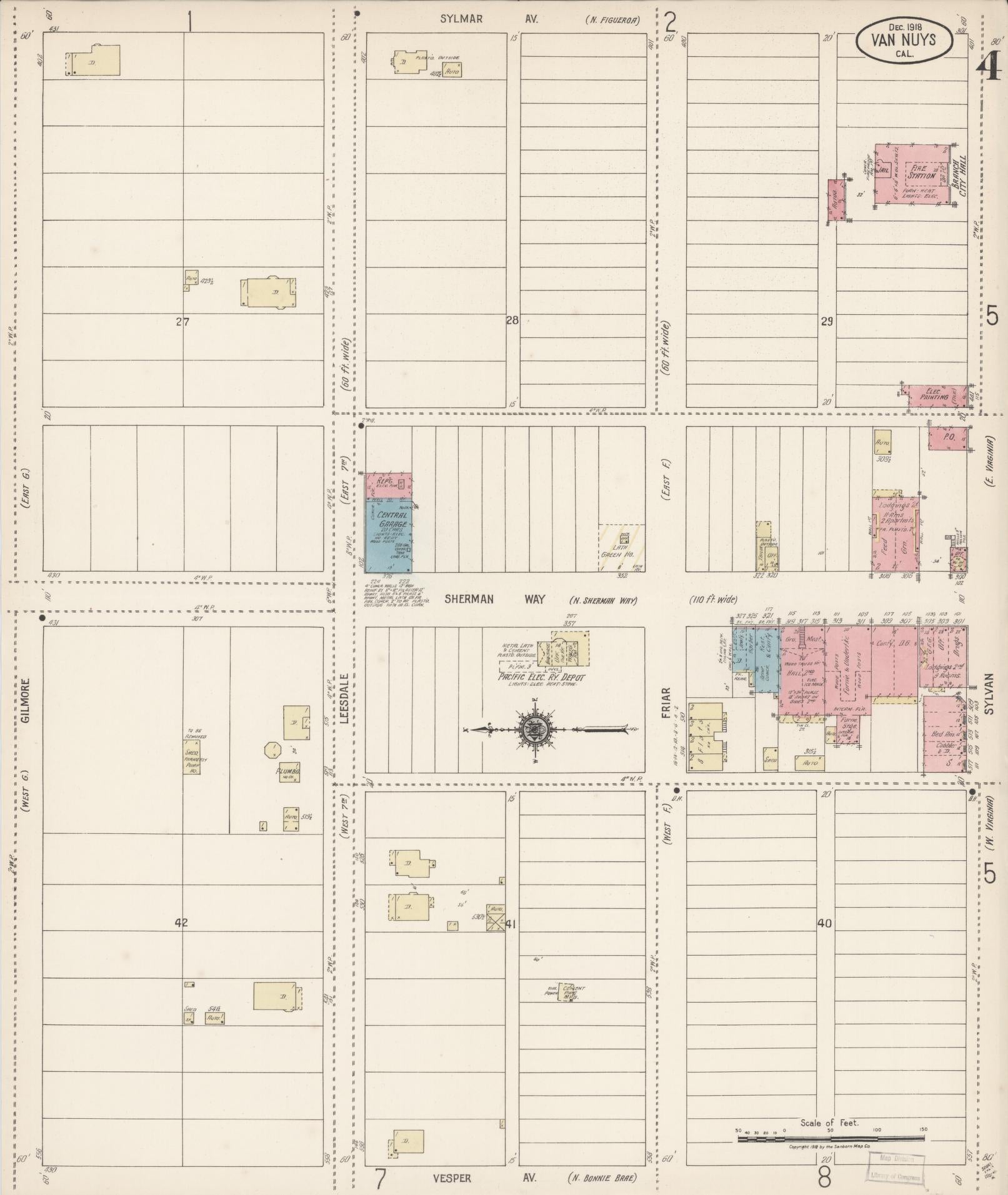 Sanborn Fire Insurance Map from Van Nuys, Los Angeles County, California (1918), Sheet #0004 - Complete Map Set gallery image, historic Sanborn map, vintage wall art, California California