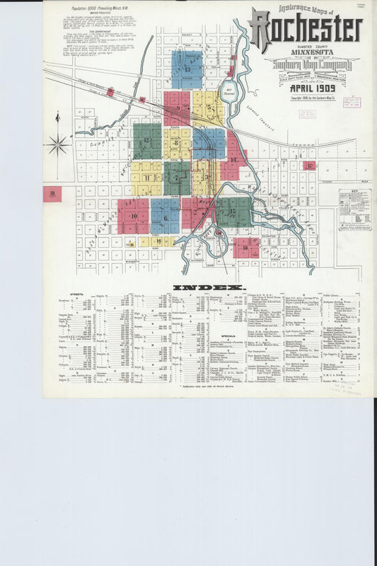 Sanborn Fire Insurance Map from Rochester, Olmsted County, Minnesota (1909), Sheet #0001 - Historic Sanborn Fire Insurance Map Print, vintage old map wall art, antique decor, genealogy gift, Minnesota Minnesota map