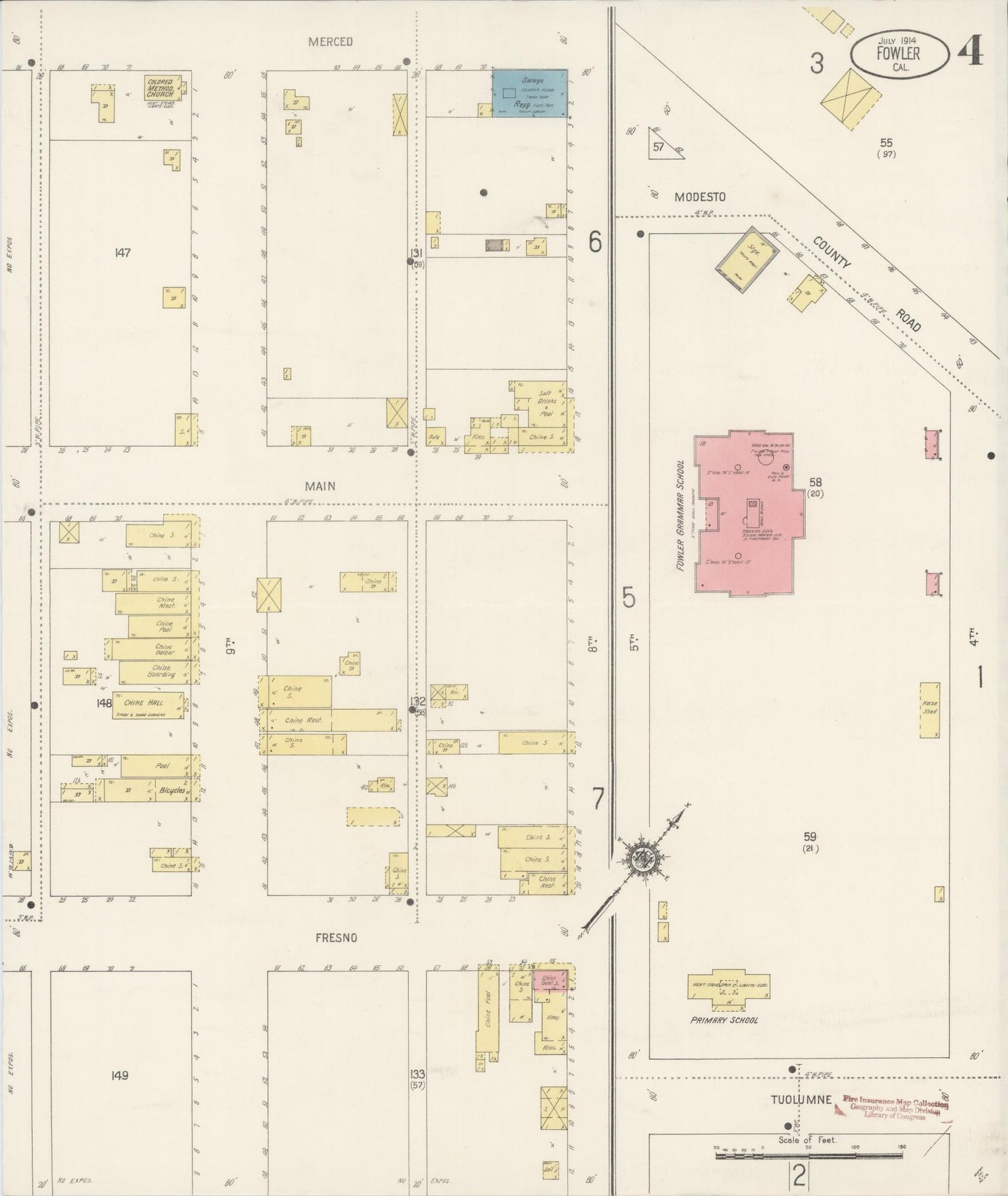 Sanborn Fire Insurance Map from Fowler, Fresno County, California (1914), Sheet #0004 - Historic Sanborn Fire Insurance Map Print, vintage old map wall art, antique decor, genealogy gift, California California map