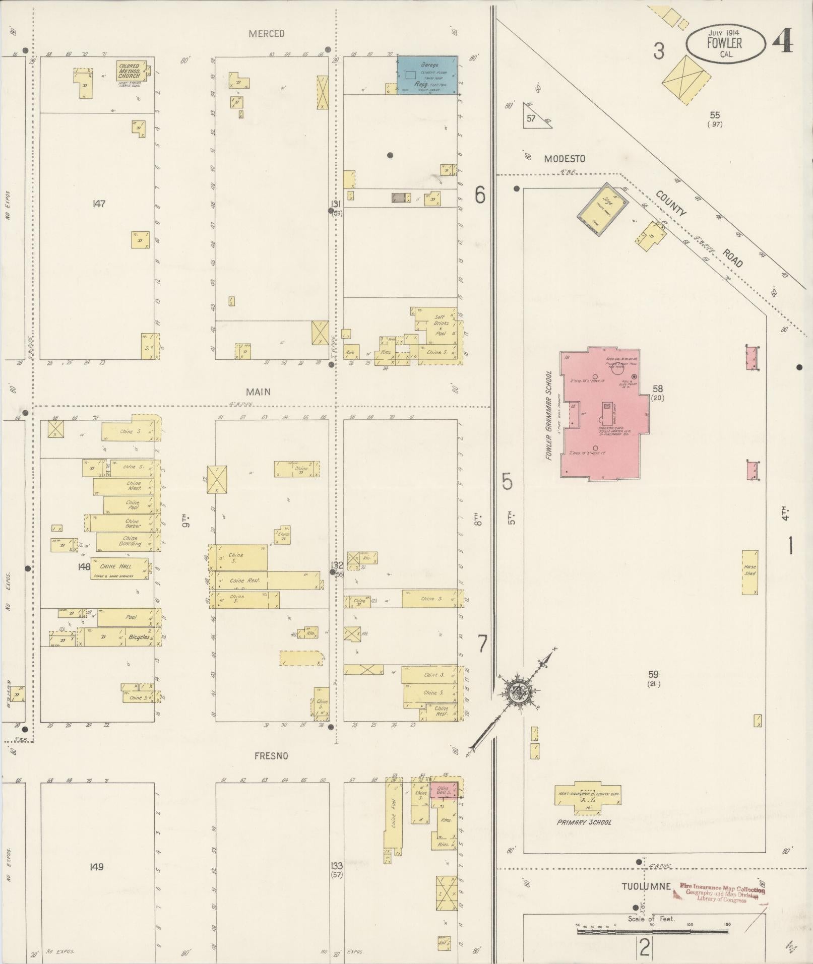 Sanborn Fire Insurance Map from Fowler, Fresno County, California (1914), Sheet #0004 - Historic Sanborn Fire Insurance Map Print, vintage old map wall art, antique decor, genealogy gift, California California map