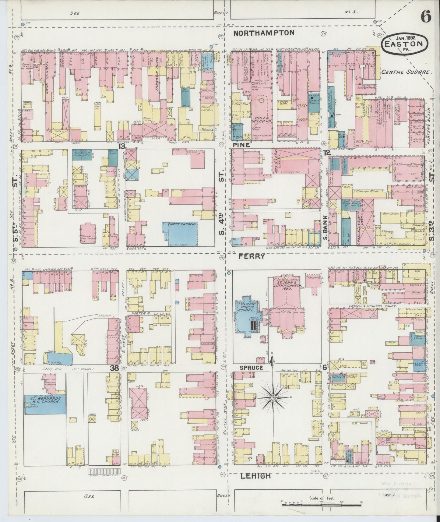Sanborn Fire Insurance Map from Easton, Northampton County, Pennsylvania (1892), Sheet #0006 - Historic Sanborn Fire Insurance Map Print, vintage old map wall art, antique decor, genealogy gift, Pennsylvania Pennsylvania map