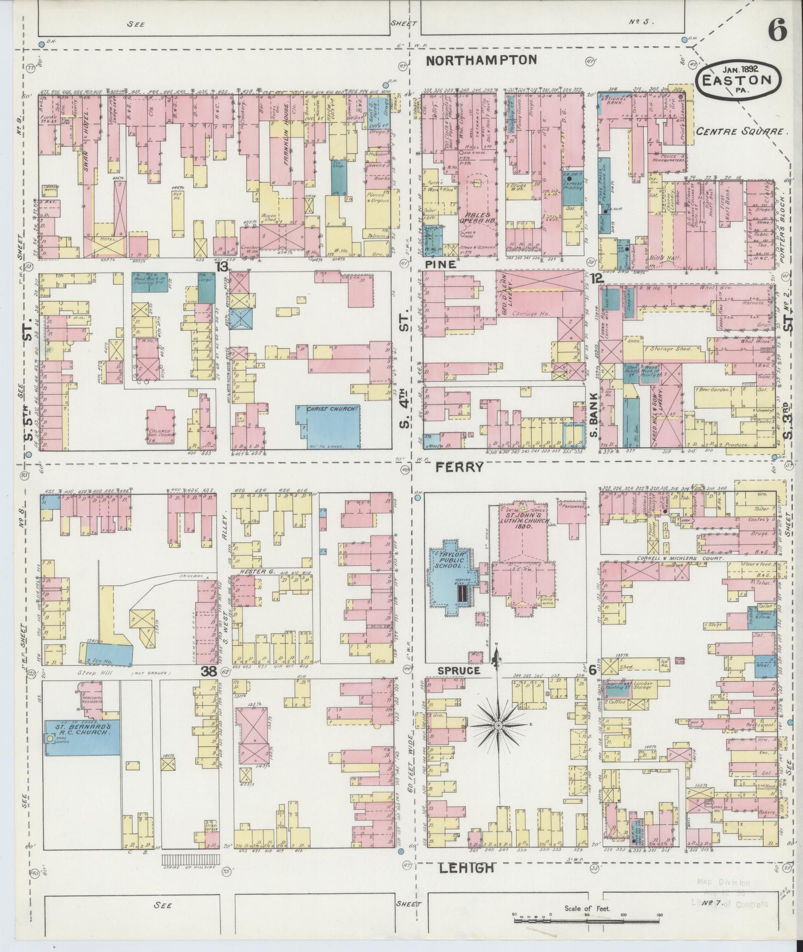Sanborn Fire Insurance Map from Easton, Northampton County, Pennsylvania (1892), Sheet #0006 - Historic Sanborn Fire Insurance Map Print, vintage old map wall art, antique decor, genealogy gift, Pennsylvania Pennsylvania map
