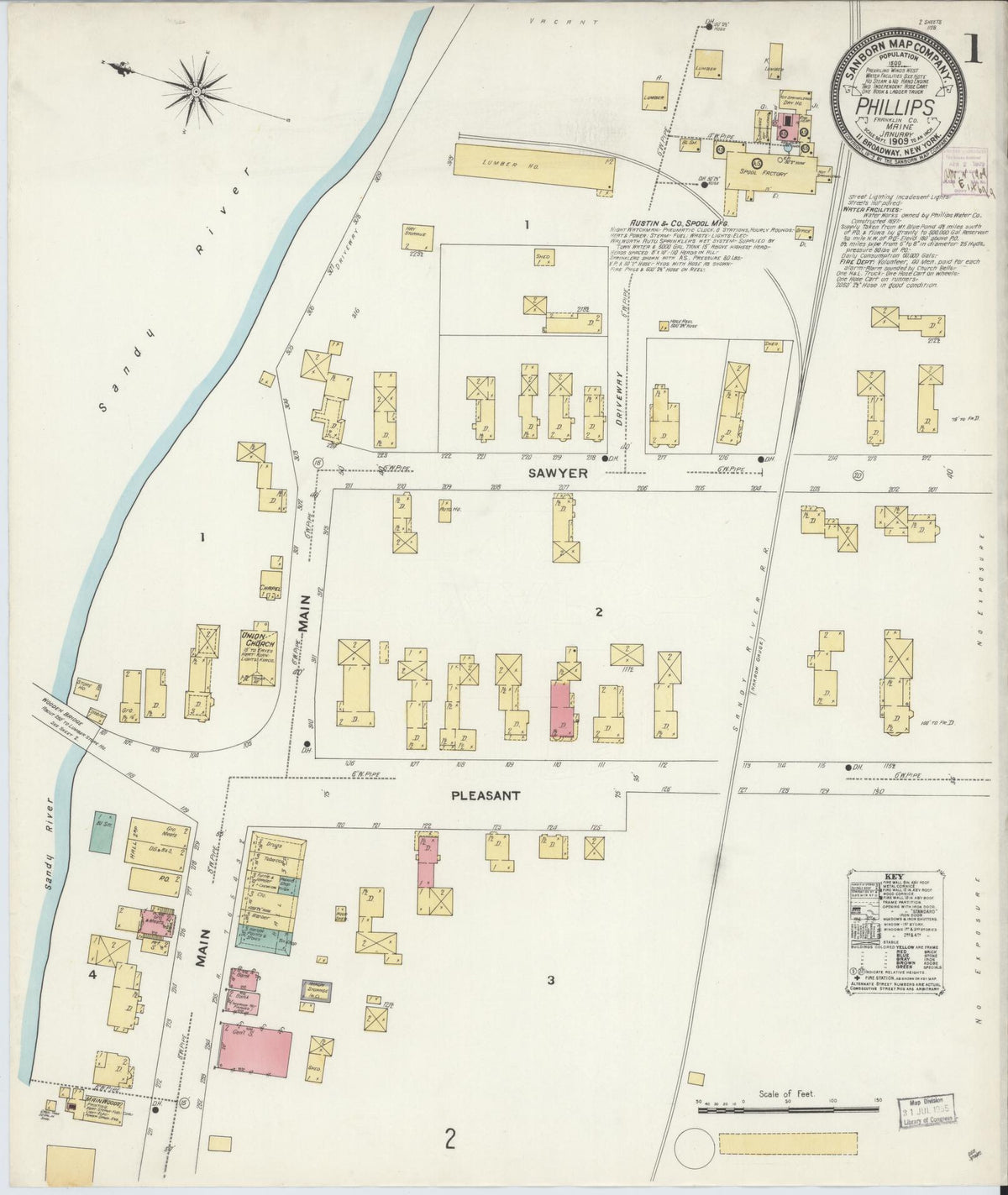 Sanborn Fire Insurance Map from Phillips, Franklin County, Maine (1909), Sheet #0001 - Historic Sanborn Fire Insurance Map Print, vintage old map wall art, antique decor, genealogy gift, Maine Maine map