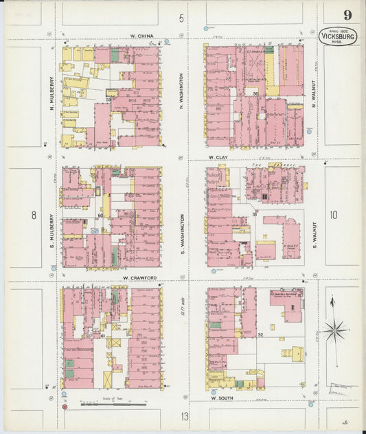 Sanborn Fire Insurance Map from Vicksburg, Warren County, Mississippi (1902), Sheet #0009 - Historic Sanborn Fire Insurance Map Print, vintage old map wall art, antique decor, genealogy gift, Mississippi Mississippi map