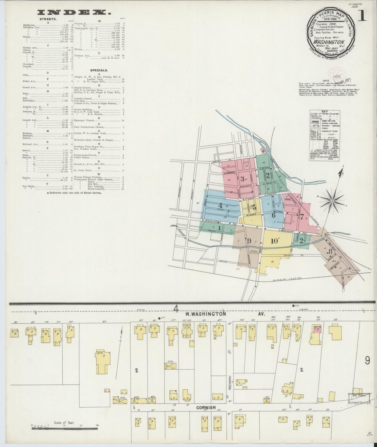 Sanborn Fire Insurance Map from Washington, Warren County, New Jersey (1897), Sheet #0001 - Historic Sanborn Fire Insurance Map Print, vintage old map wall art, antique decor, genealogy gift, Washington Washington map