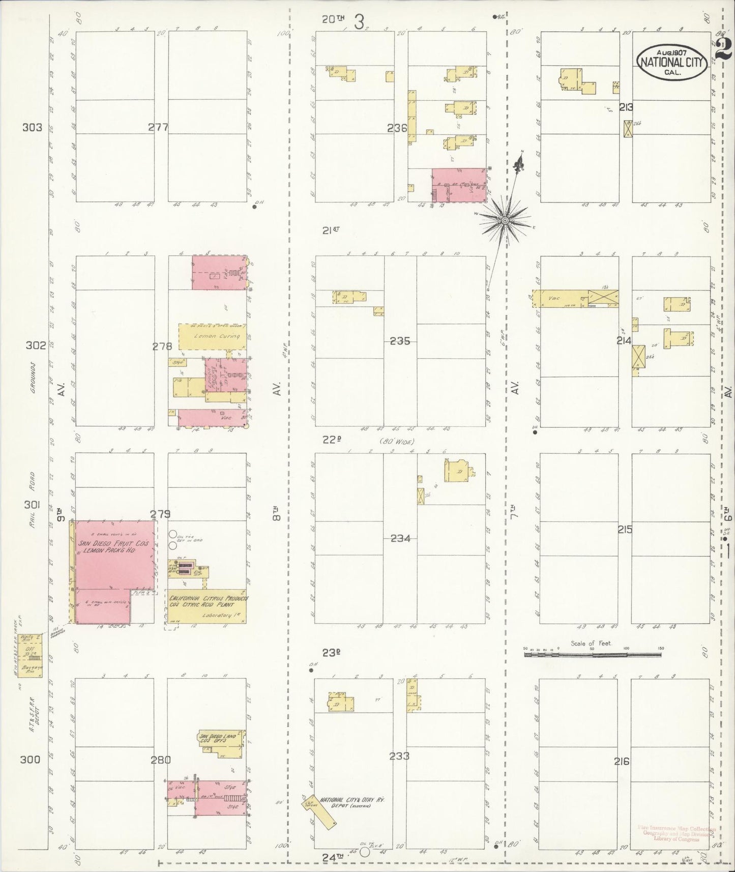 Sanborn Fire Insurance Map from National City, San Diego County, California (1907), Sheet #0002 - Complete Map Set gallery image, historic Sanborn map, vintage wall art, California California