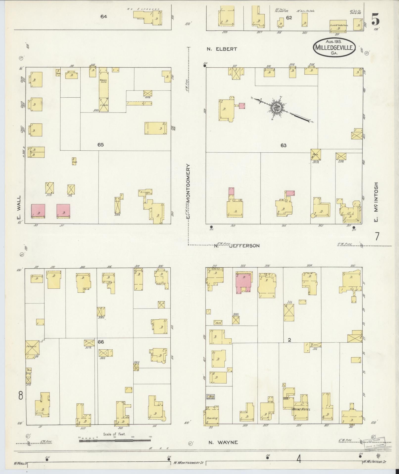 Sanborn Fire Insurance Map from Milledgeville, Baldwin County, Georgia (1913), Sheet #0005 - Historic Sanborn Fire Insurance Map Print, vintage old map wall art, antique decor, genealogy gift, Georgia Georgia map