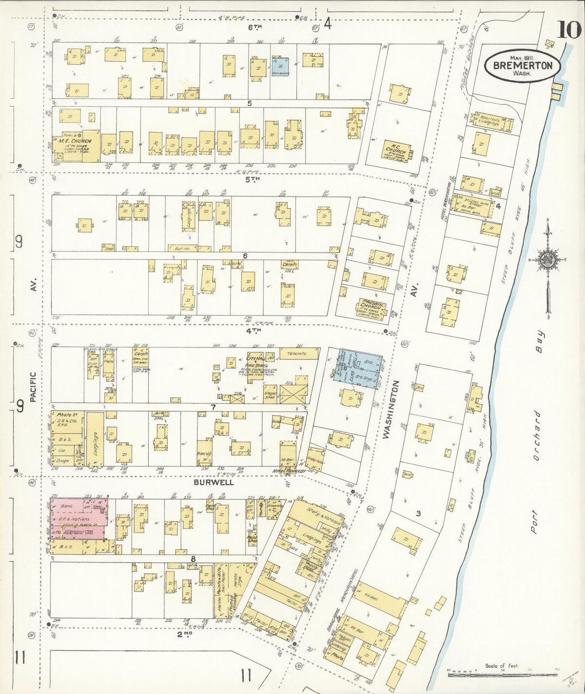 Sanborn Fire Insurance Map from Bremerton, Kitsap County, Washington (1911), Sheet #0010 - Historic Sanborn Fire Insurance Map Print, vintage old map wall art, antique decor, genealogy gift, Washington Washington map