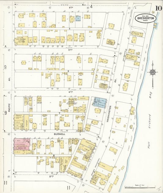 Sanborn Fire Insurance Map from Bremerton, Kitsap County, Washington (1911), Sheet #0010 - Historic Sanborn Fire Insurance Map Print, vintage old map wall art, antique decor, genealogy gift, Washington Washington map