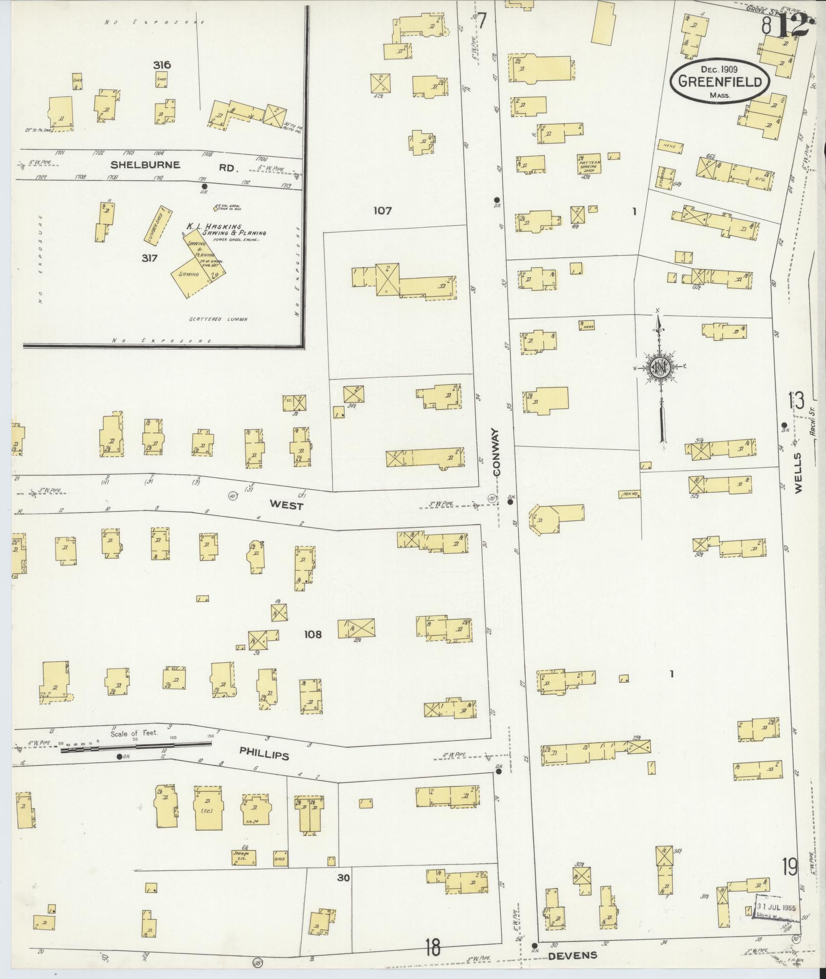 Sanborn Fire Insurance Map from Greenfield, Franklin County, Massachusetts (1909), Sheet #0012 - Historic Sanborn Fire Insurance Map Print, vintage old map wall art, antique decor, genealogy gift, Massachusetts Massachusetts map