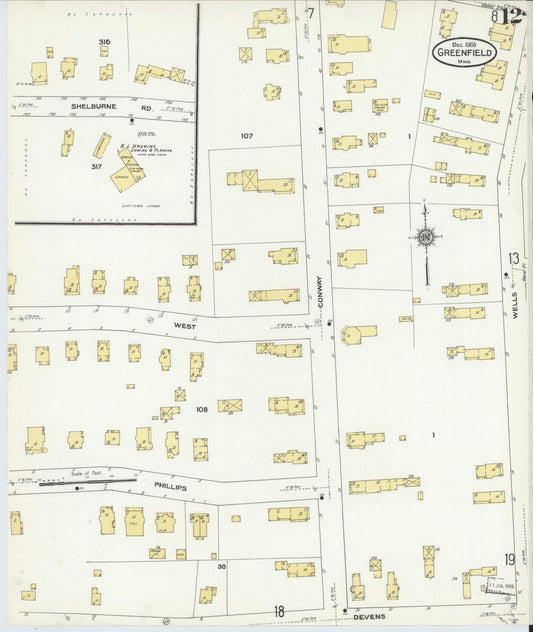 Sanborn Fire Insurance Map from Greenfield, Franklin County, Massachusetts (1909), Sheet #0012 - Historic Sanborn Fire Insurance Map Print, vintage old map wall art, antique decor, genealogy gift, Massachusetts Massachusetts map