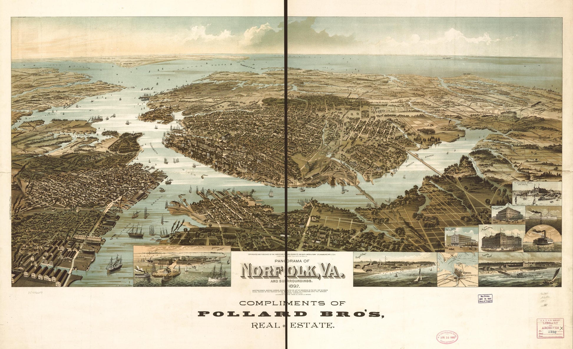 Panorama of Norfolk and surroundings 1892. (1892) – Historic Bird’s-Eye View Panorama Print