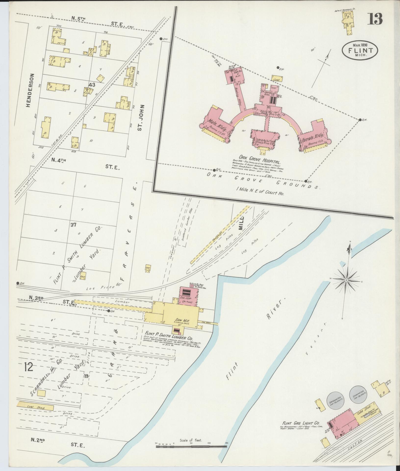 Sanborn Fire Insurance Map from Flint, Genesee County, Michigan (1898), Sheet #0013 - Historic Sanborn Fire Insurance Map Print, vintage old map wall art, antique decor, genealogy gift, Michigan Michigan map