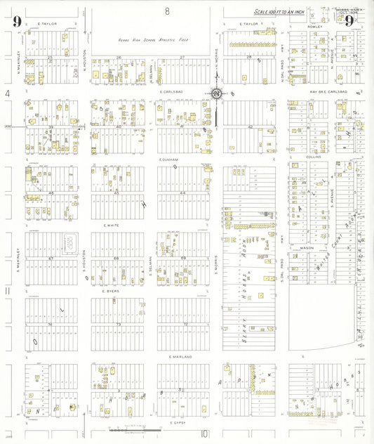 Sanborn Fire Insurance Map from Hobbs, Lea County, New Mexico (1938), Sheet #0009 - Historic Sanborn Fire Insurance Map Print, vintage old map wall art, antique decor, genealogy gift, New Mexico New Mexico map