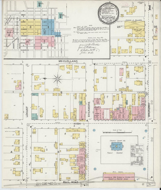 Sanborn Fire Insurance Map from Bedford, Lawrence County, Indiana (1892), Sheet #0001 - Historic Sanborn Fire Insurance Map Print, vintage old map wall art, antique decor, genealogy gift, Indiana Indiana map