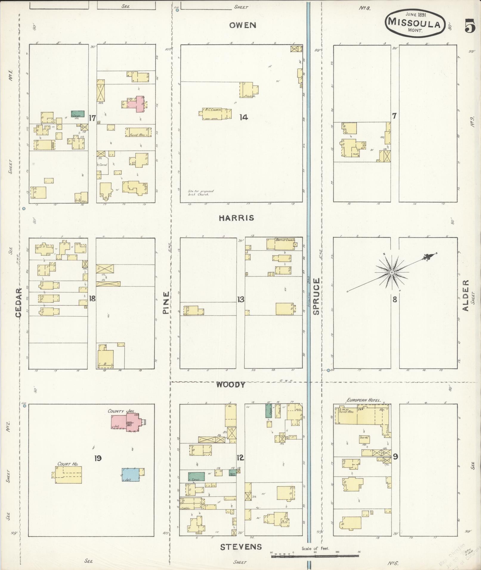 Sanborn Fire Insurance Map from Missoula, Missoula County, Montana (1891), Sheet #0005 - Historic Sanborn Fire Insurance Map Print, vintage old map wall art, antique decor, genealogy gift, Montana Montana map