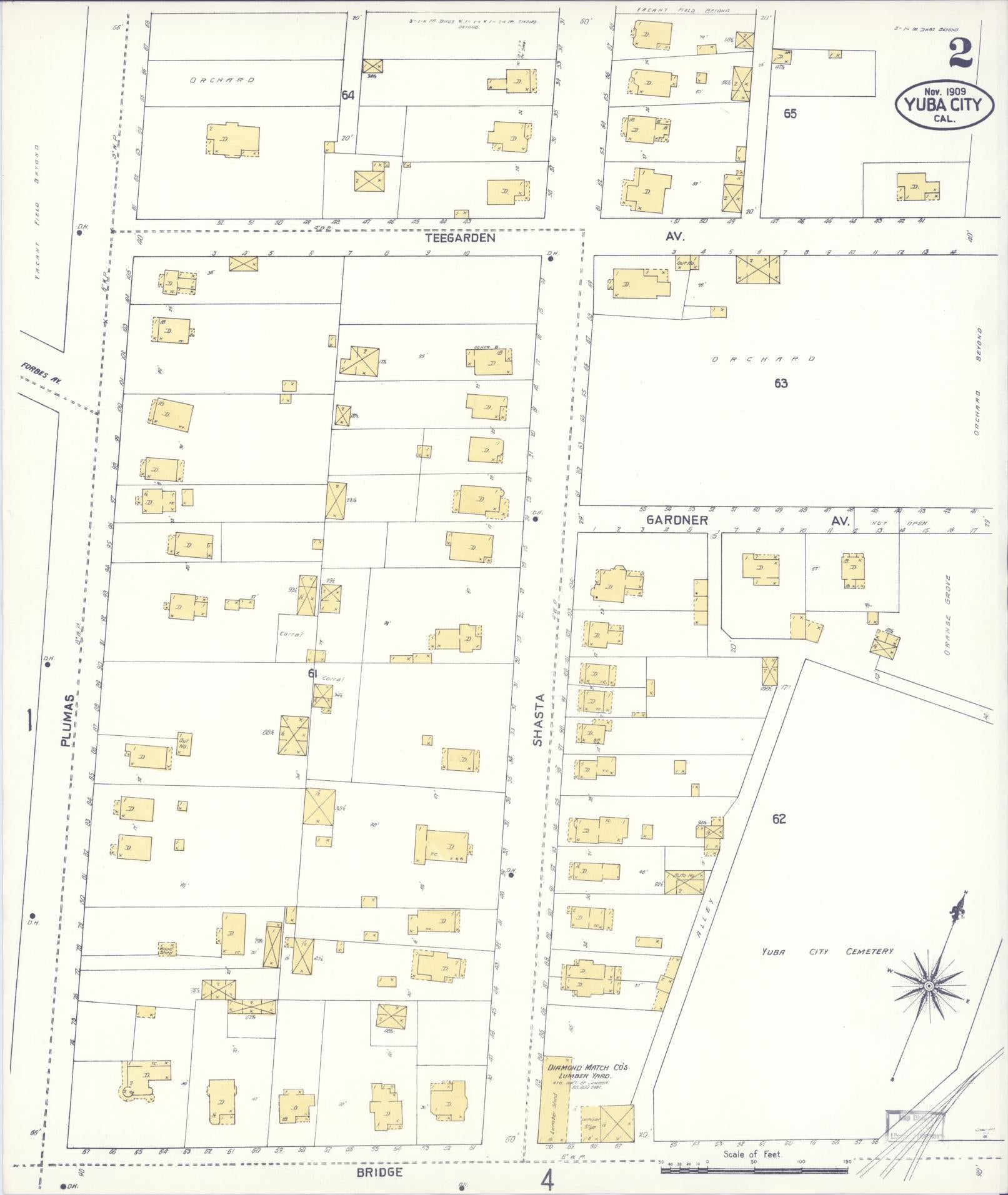 Sanborn Fire Insurance Map from Yuba City, Sutter County, California (1909), Sheet #0002 - Complete Map Set gallery image, historic Sanborn map, vintage wall art, California California