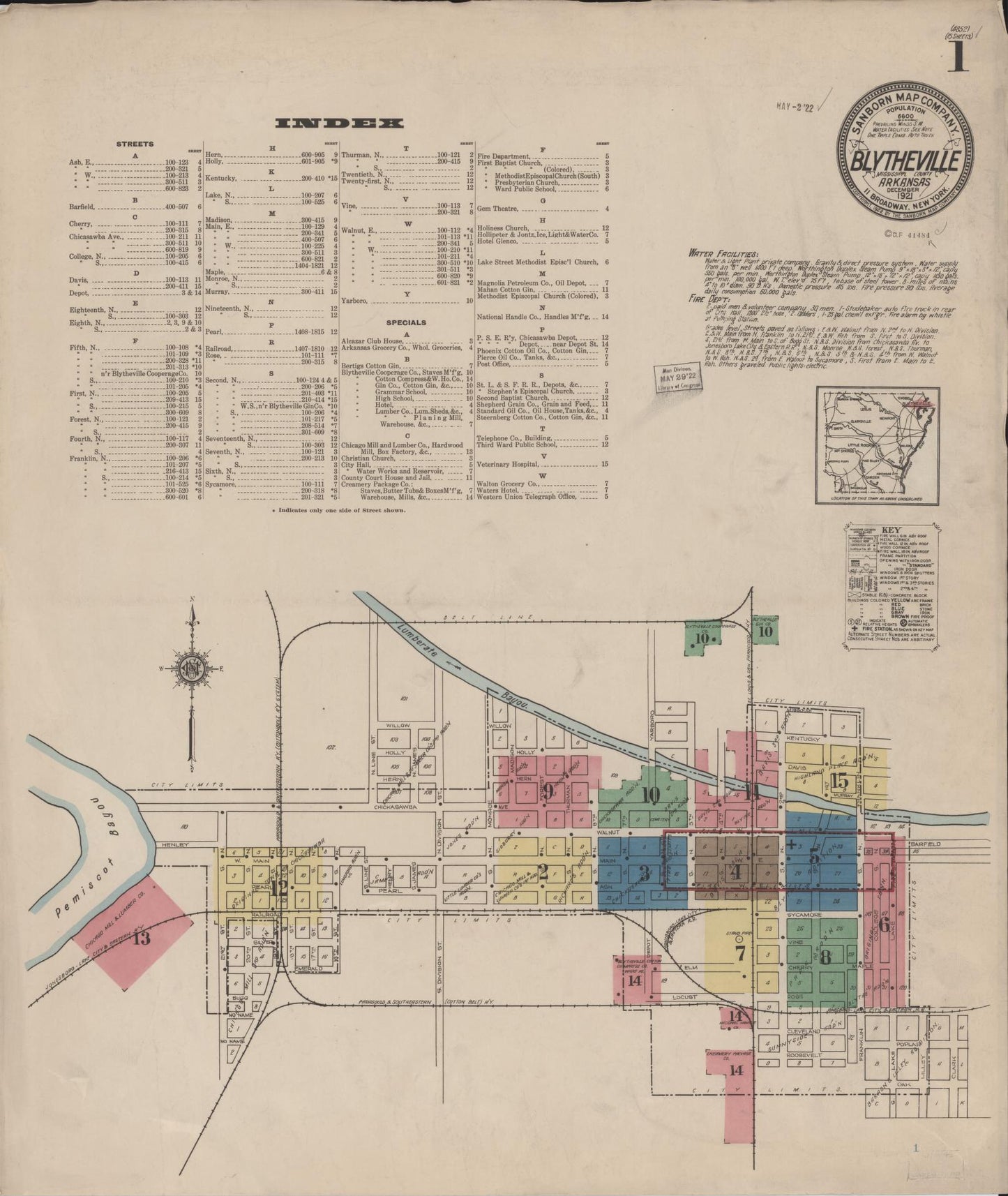 Sanborn Fire Insurance Map from Blytheville, Mississippi County, Arkansas (1921), Sheet #0001 - Historic Sanborn Fire Insurance Map Print, vintage old map wall art, antique decor, genealogy gift, Arkansas Arkansas map
