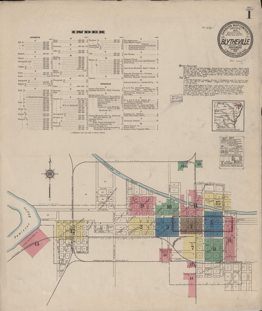Sanborn Fire Insurance Map from Blytheville, Mississippi County, Arkansas (1921), Sheet #0001 - Historic Sanborn Fire Insurance Map Print, vintage old map wall art, antique decor, genealogy gift, Arkansas Arkansas map