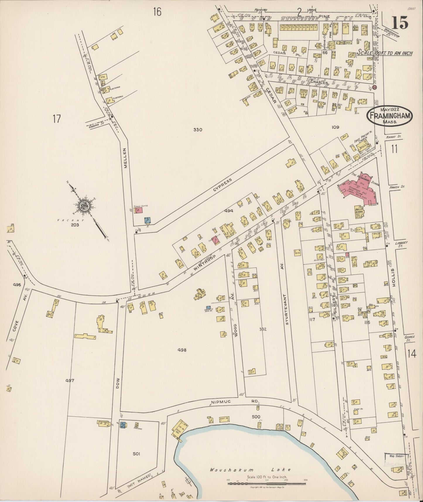 Sanborn Fire Insurance Map from Framingham, Middlesex County, Massachusetts (1922), Sheet #0015 - Historic Sanborn Fire Insurance Map Print, vintage old map wall art, antique decor, genealogy gift, Massachusetts Massachusetts map