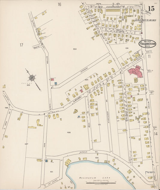 Sanborn Fire Insurance Map from Framingham, Middlesex County, Massachusetts (1922), Sheet #0015 - Historic Sanborn Fire Insurance Map Print, vintage old map wall art, antique decor, genealogy gift, Massachusetts Massachusetts map