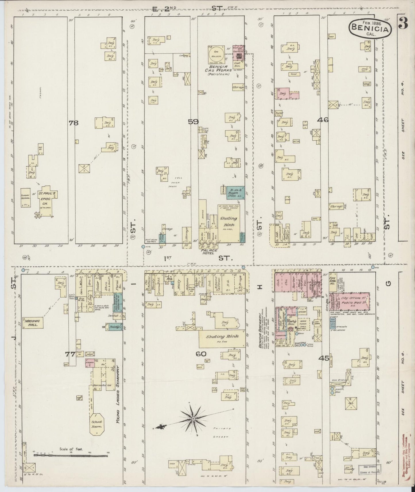 Sanborn Fire Insurance Map from Benicia, Solano County, California (1886), Sheet #0003 - Historic Sanborn Fire Insurance Map Print, vintage old map wall art, antique decor, genealogy gift, California California map
