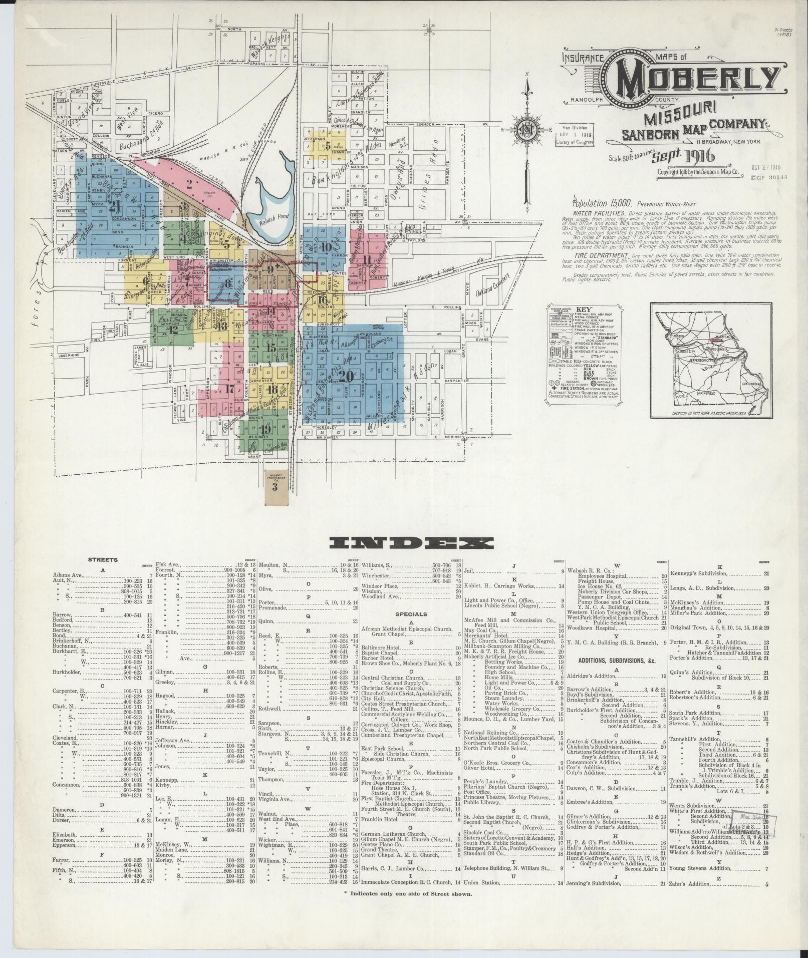 Sanborn Fire Insurance Map from Moberly, Randolph County, Missouri (1916), Sheet #0001 - Historic Sanborn Fire Insurance Map Print, vintage old map wall art, antique decor, genealogy gift, Missouri Missouri map