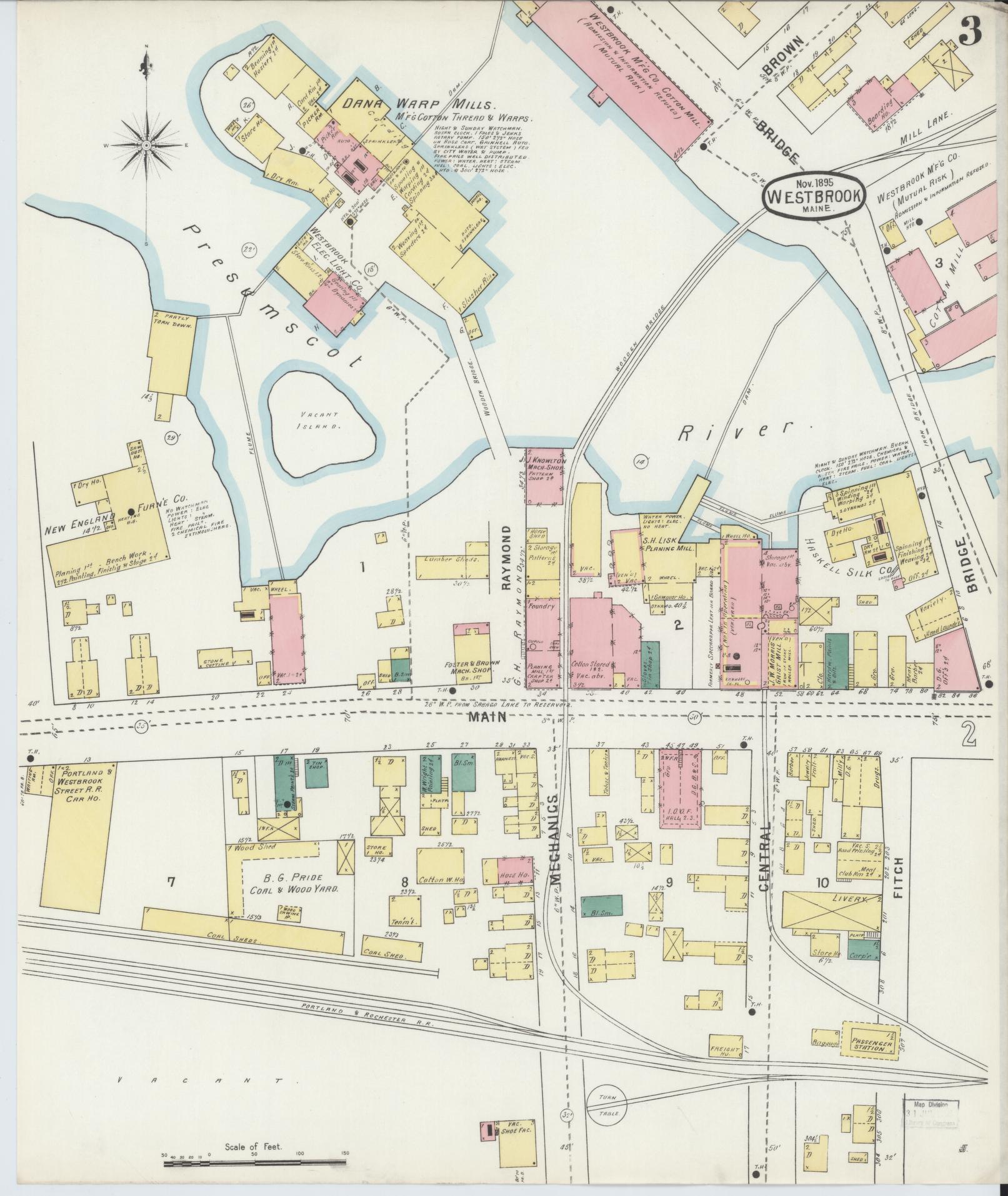 Sanborn Fire Insurance Map from Westbrook, Cumberland County, Maine (1895), Sheet #0003 - Complete Map Set gallery image, historic Sanborn map, vintage wall art, Maine Maine