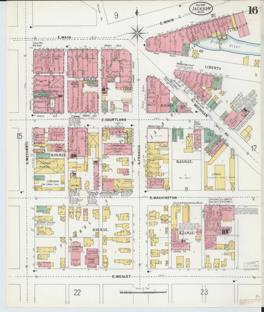 Sanborn Fire Insurance Map from Jackson, Jackson County, Michigan (1899), Sheet #0016 - Historic Sanborn Fire Insurance Map Print, vintage old map wall art, antique decor, genealogy gift, Michigan Michigan map