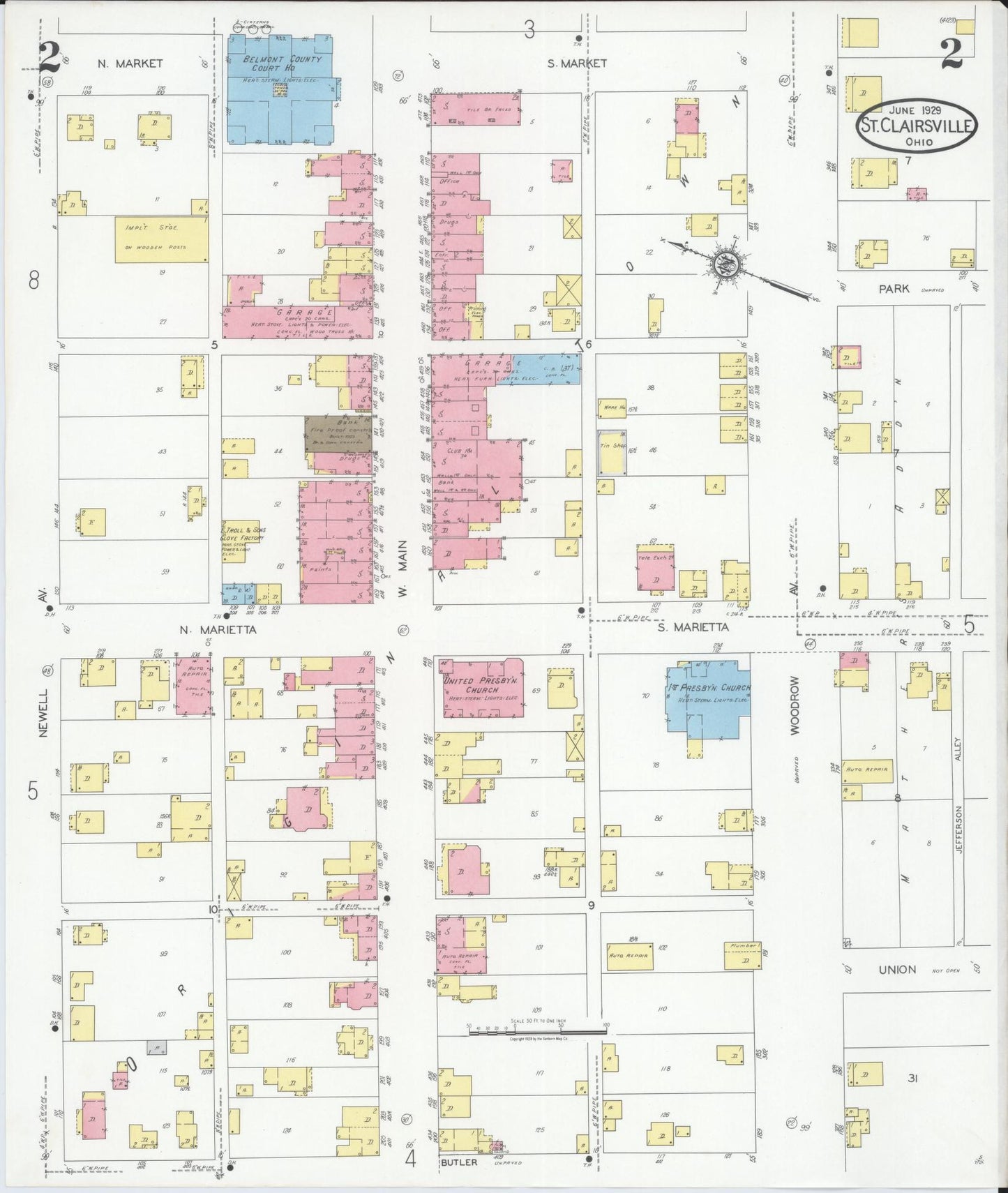 Sanborn Fire Insurance Map from Saint Clairsville, Belmont County, Ohio (1929), Sheet #0002 - Historic Sanborn Fire Insurance Map Print, vintage old map wall art, antique decor, genealogy gift, Ohio Ohio map