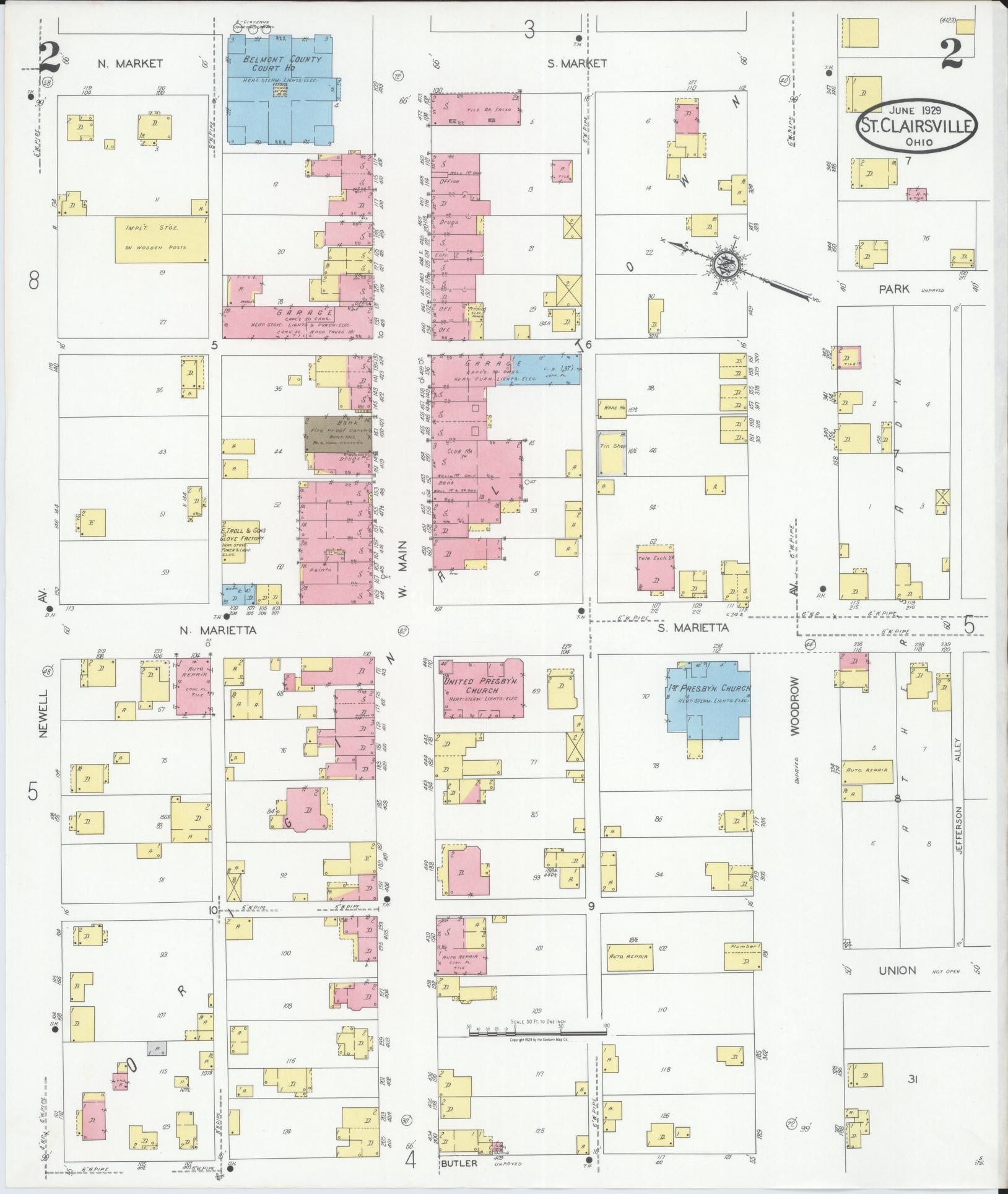 Sanborn Fire Insurance Map from Saint Clairsville, Belmont County, Ohio (1929), Sheet #0002 - Historic Sanborn Fire Insurance Map Print, vintage old map wall art, antique decor, genealogy gift, Ohio Ohio map