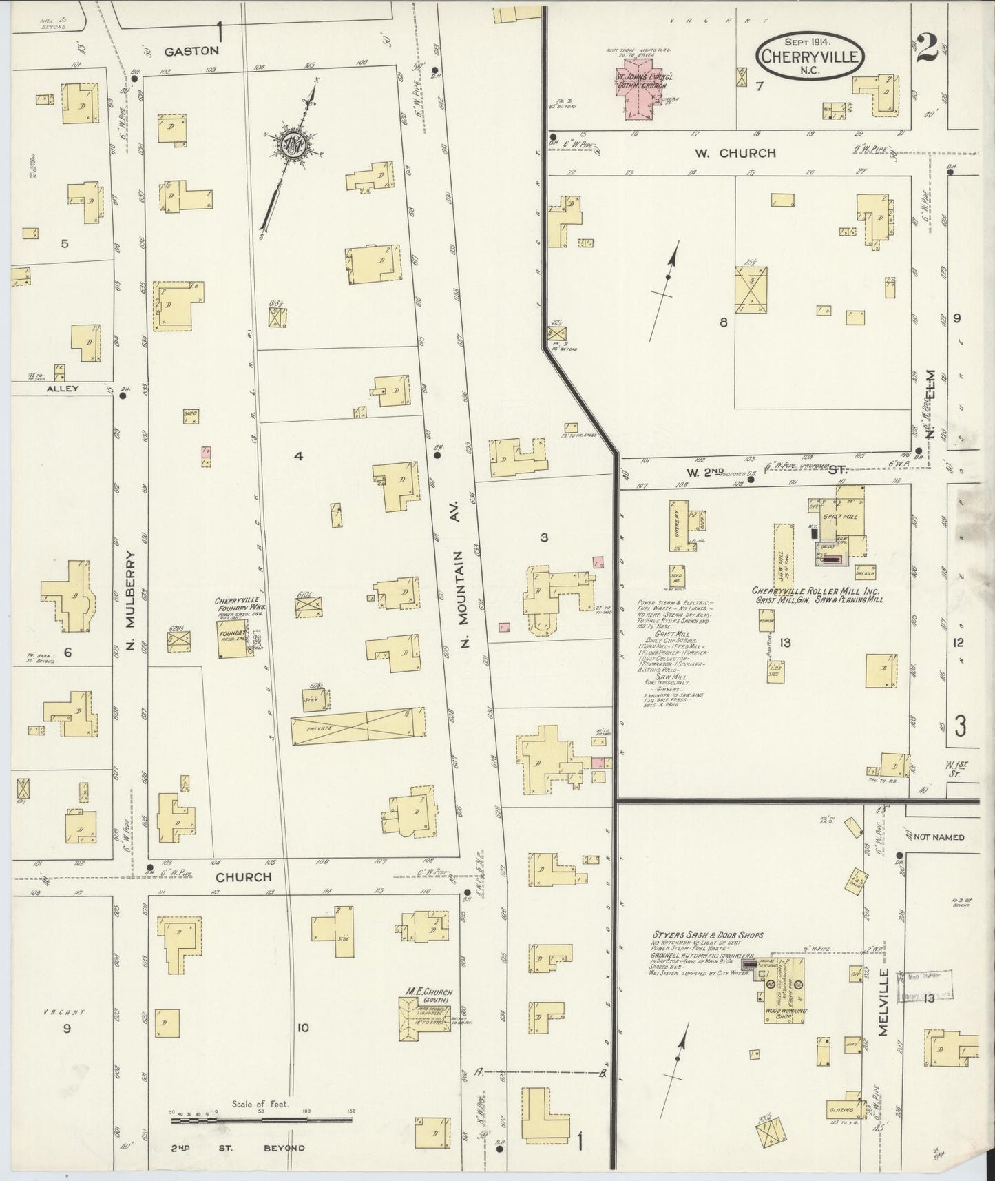 Sanborn Fire Insurance Map from Cherryville, Gaston County, North Carolina (1914), Sheet #0002 - Complete Map Set gallery image, historic Sanborn map, vintage wall art, North Carolina North Carolina