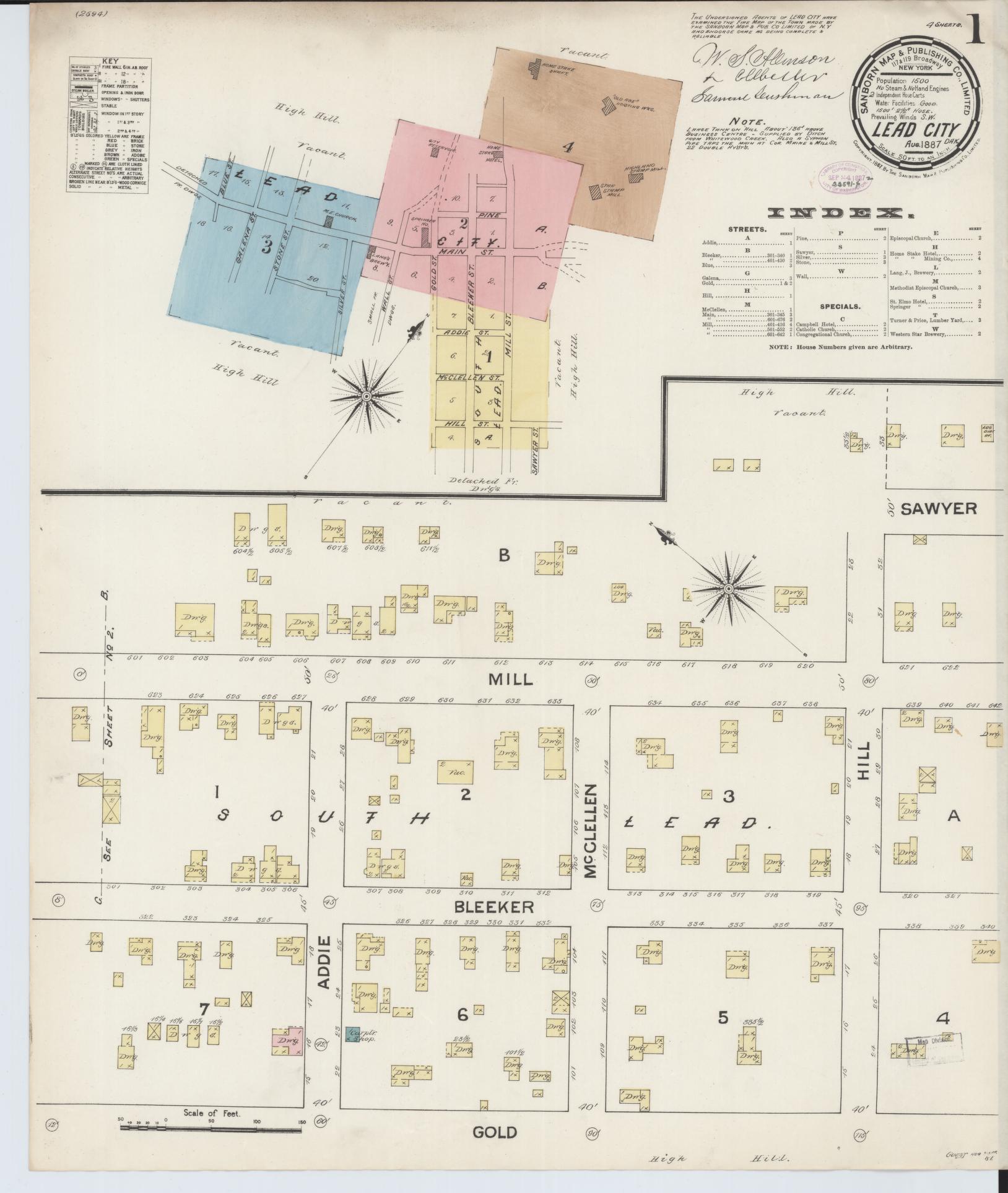 Sanborn Fire Insurance Map from Lead, Lawrence County, South Dakota (1887), Sheet #0001 - Complete Map Set gallery image, historic Sanborn map, vintage wall art, South Dakota South Dakota