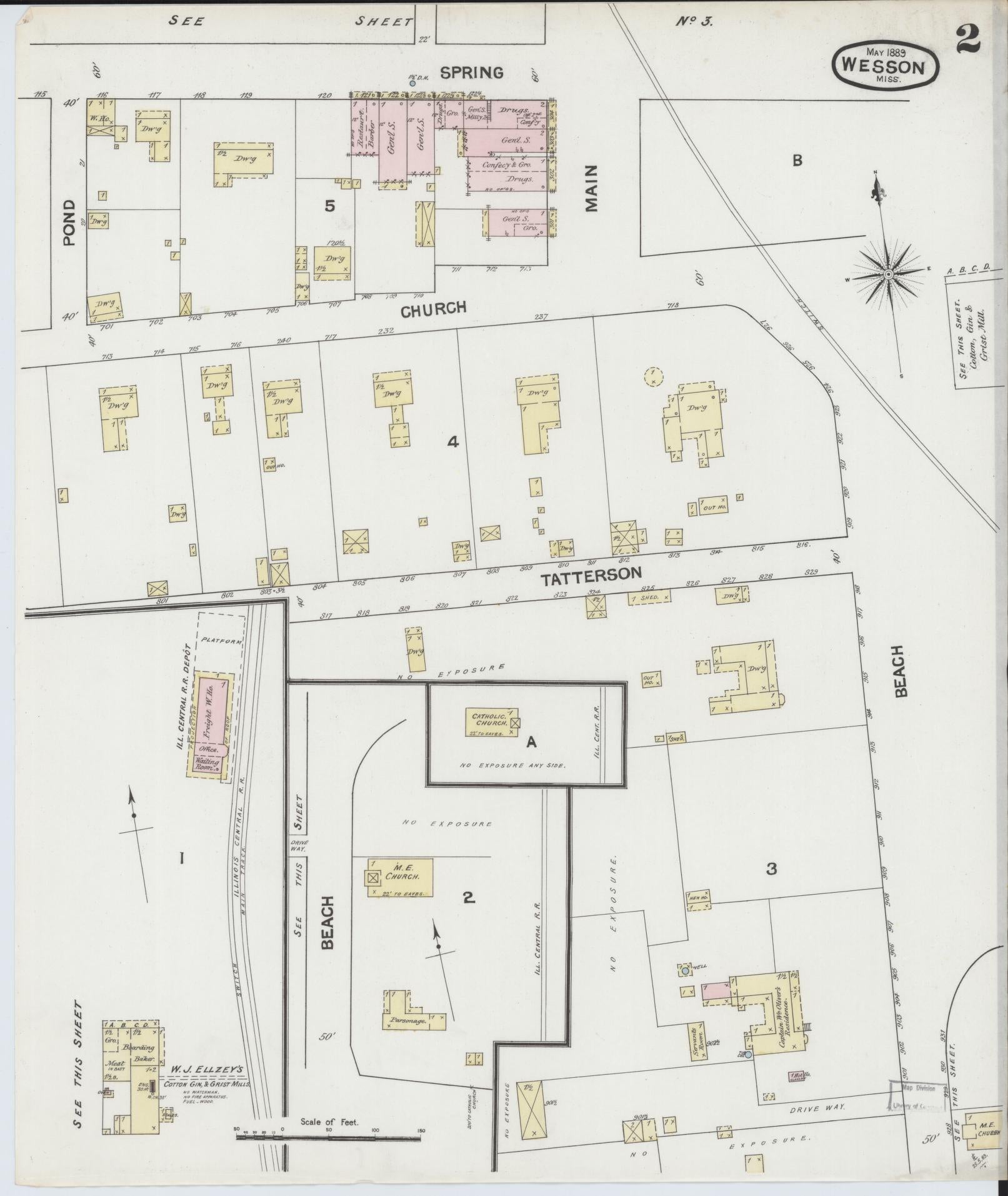Sanborn Fire Insurance Map from Wesson, Copiah County, Mississippi (1889), Sheet #0002 - Historic Sanborn Fire Insurance Map Print, vintage old map wall art, antique decor, genealogy gift, Mississippi Mississippi map