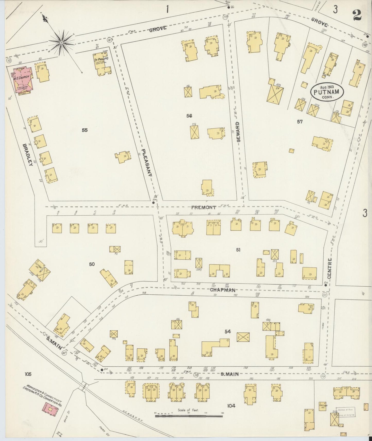 Sanborn Fire Insurance Map from Putnam, Windham County, Connecticut (1903), Sheet #0002 - Historic Sanborn Fire Insurance Map Print, vintage old map wall art, antique decor, genealogy gift, Connecticut Connecticut map