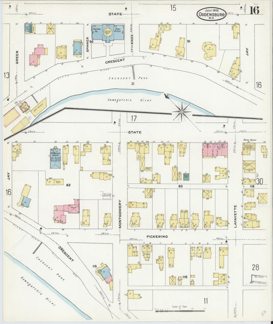 Sanborn Fire Insurance Map from Ogdensburg, St. Lawrence County, New York (1909), Sheet #0016 - Historic Sanborn Fire Insurance Map Print, vintage old map wall art, antique decor, genealogy gift, New York New York map
