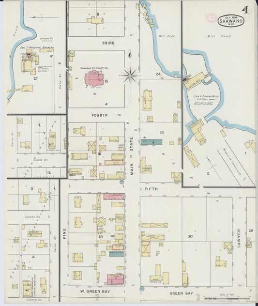 Sanborn Fire Insurance Map from Shawano, Shawano County, Wisconsin (1894), Sheet #0004 - Historic Sanborn Fire Insurance Map Print, vintage old map wall art, antique decor, genealogy gift, Wisconsin Wisconsin map