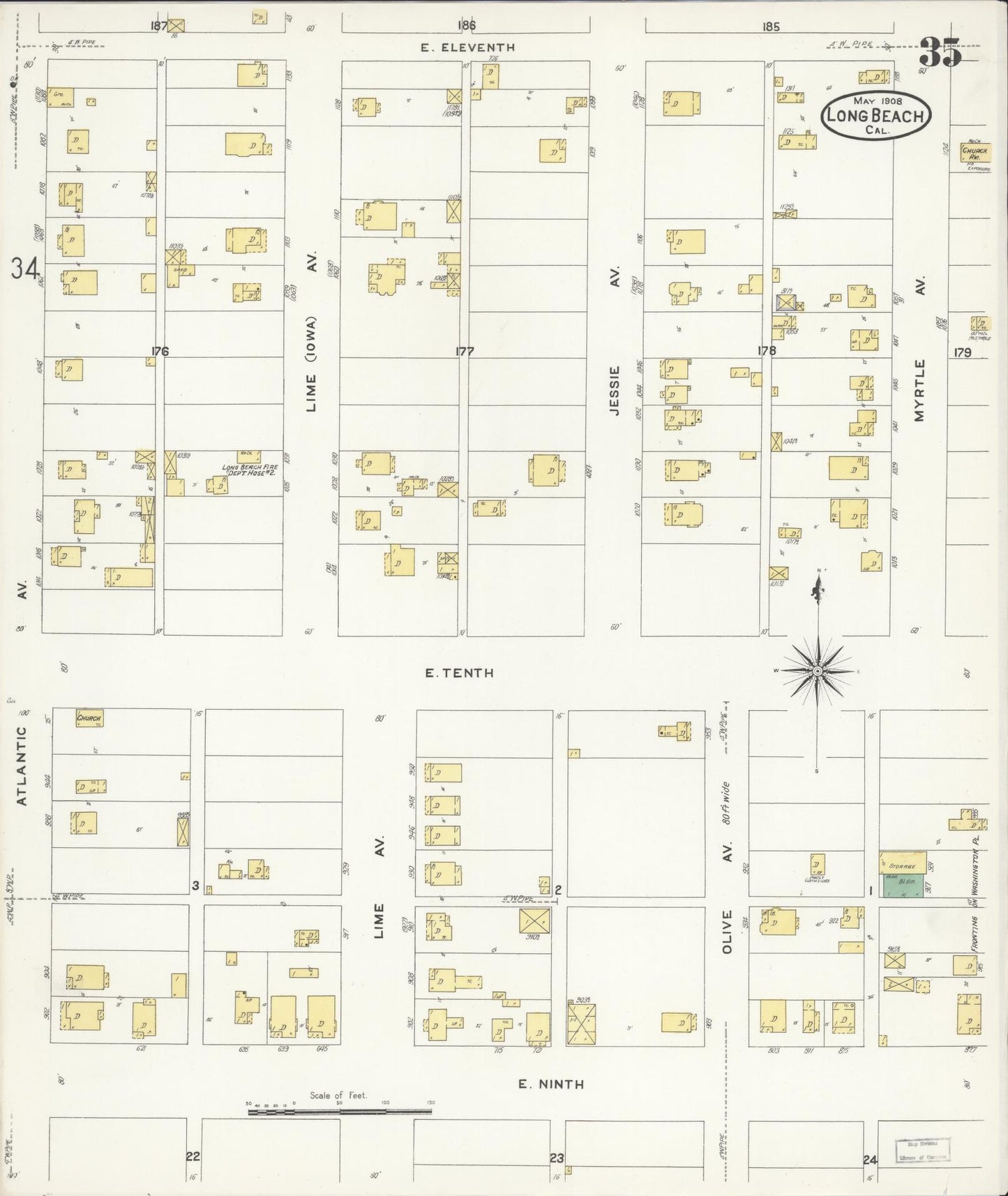 Sanborn Fire Insurance Map from Long Beach, Los Angeles County, California (1908), Sheet #0035 - Historic Sanborn Fire Insurance Map Print, vintage old map wall art, antique decor, genealogy gift, California California map