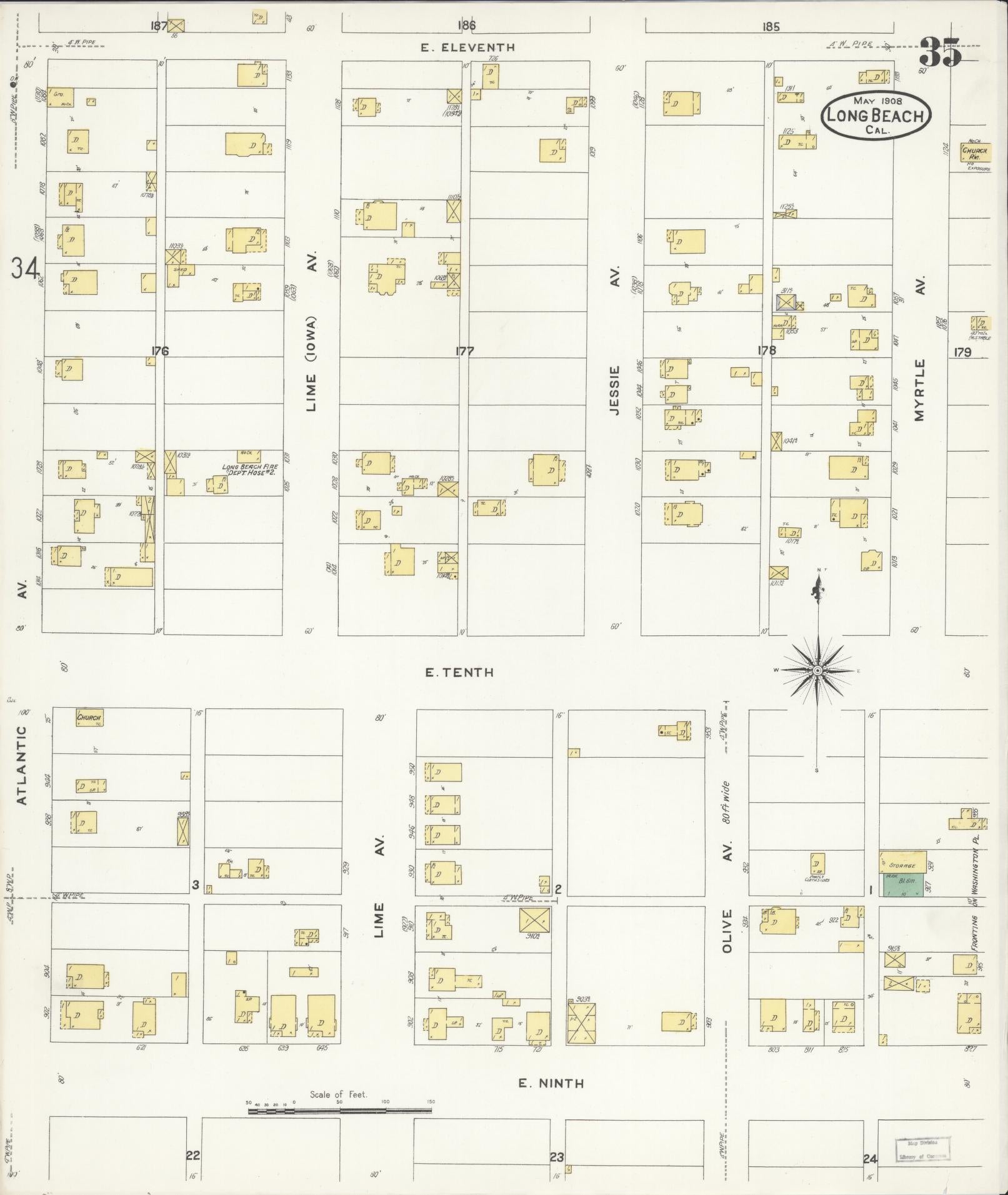Sanborn Fire Insurance Map from Long Beach, Los Angeles County, California (1908), Sheet #0035 - Historic Sanborn Fire Insurance Map Print, vintage old map wall art, antique decor, genealogy gift, California California map