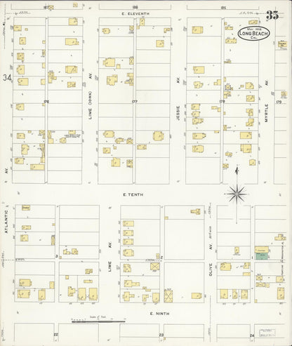 Sanborn Fire Insurance Map from Long Beach, Los Angeles County, California (1908), Sheet #0035 - Historic Sanborn Fire Insurance Map Print, vintage old map wall art, antique decor, genealogy gift, California California map