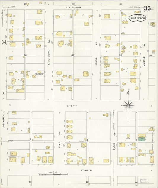 Sanborn Fire Insurance Map from Long Beach, Los Angeles County, California (1908), Sheet #0035 - Historic Sanborn Fire Insurance Map Print, vintage old map wall art, antique decor, genealogy gift, California California map